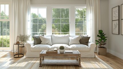 Modern White Living Room With Tall Windows