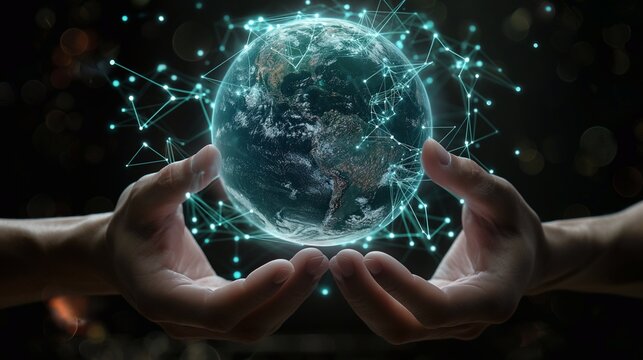 Hands touching Telecommunication network and wireless mobile internet technology with 5G LTE data connection of global business, fintech, blockchain