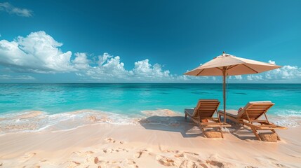 Sandy Beach With Chaise Lounges and Umbrellas
