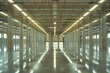 Naklejka premium Interior of a large, clean warehouse with reflective shiny floor and a systematic arrangement of pillars and lights. AI