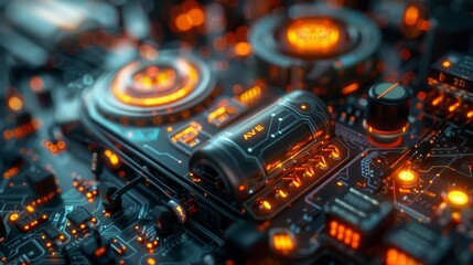Detailed image of a futuristic, neon-lit circuit board with advanced tech elements and a central glowing core