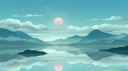   A painting depicts a tranquil lake surrounded by majestic mountains and a brilliant sunset, with fluffy clouds scattered throughout the sky