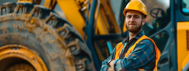 Smiling Heavy Equipment Operator in Protective Workwear on Construction Site