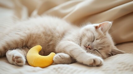 Obraz premium Little sleeping cute beige Scottish cat with yellow toy moon on the beige background