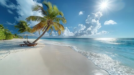  A stunning image of a beach with a palm tree swaying in a blue sky and a hammock hanging in the sand beneath it
