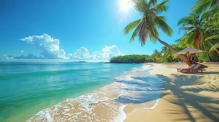   Sun shines on tropical beach with palm trees and lounge chair by shore of ocean