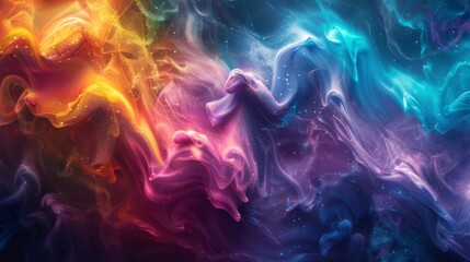 Obraz premium Ethereal Dreamy Light Painting with Colorful Ink and Rainbow Core. Glowing Shadows on a Rainbow Background Depicting Vibrant Waves for Illustration, Advertising, web Design, and Graphic Needs.