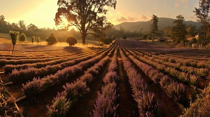   A field of lavender with the sun setting over distant trees and hills - Powered by Adobe