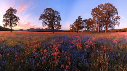   A vibrant field of purple and red flowers thrives beneath a serene blue-pink sky, surrounded by towering trees and rolling hills