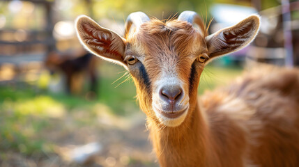 Obraz premium Brown goat at the farm on a sunny day.