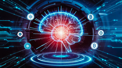 Blockchain Technology Integration. Big data storage, Cloud computing, Machine learning, Ai blockchain technology. Intersection of AI and blockchain technology, illustrating how AI algorithms are used