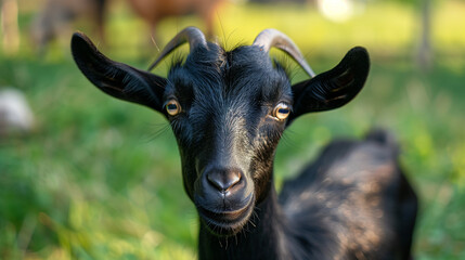 Black goat at the farm on a sunny day.