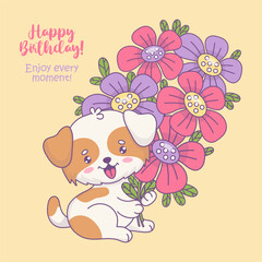 Happy birthday dog with bouquet of flowers. Holiday cartoon kawaii character animal puppy with slogan congratulations. Vector illustration. Kids collection