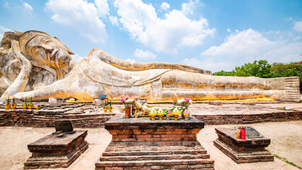 Reclining Buddha statue Wat Lokayasutharam is an ancient temple from the Ayutthaya period. Over six hundred years old at Ayutthaya, Thailand 12 May 2024