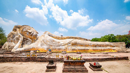Reclining Buddha statue Wat Lokayasutharam is an ancient temple from the Ayutthaya period. Over six hundred years old at Ayutthaya, Thailand 12 May 2024