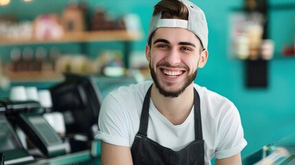 Fototapeta premium Smiling Young Cashier Employee Wearing Uniform Providing Friendly Service in Retail Store