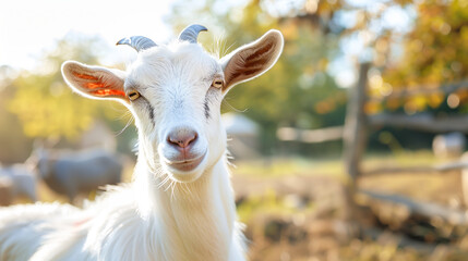 Fototapeta premium White goat at the farm on a sunny day.