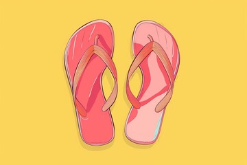 A pair of pink flip-flops on yellow background