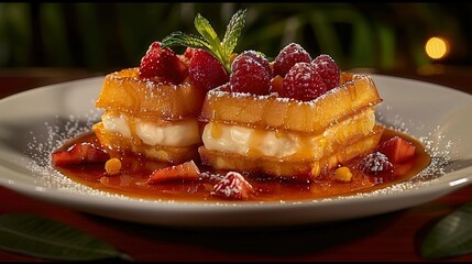  A close-up of a plate filled with bananas and raspberries, dusted with powdered sugar and drizzled in syrup - Powered by Adobe