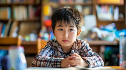 A young boy sitting at a table with a pen.