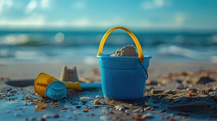 An orange bucket and shovel are resting on the sandy beach, surrounded by azure water and a clear sky in a coastal ecoregion. A perfect spot for leisure and travel in this natural coastal landscape