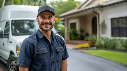 A smiling man in front of a white van.