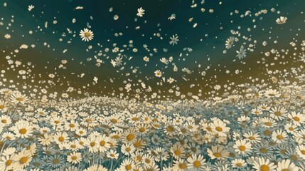  A field of daisies painted against a blue sky and white daisies in the foreground