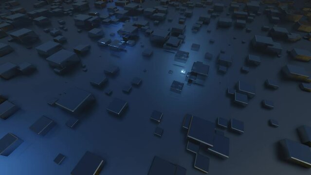 4k looped animation. Flight over hi tech pattern on plane surface, neon glow, complex elements and structure. 3d objects form sci fi surface 3d pattern. Information technology, futuristic hardware
