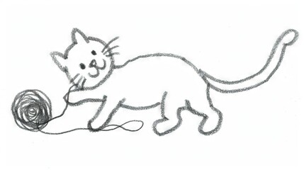   A sketch of a feline with a yarn ball in its mouth and another yarn ball dangling from its paw