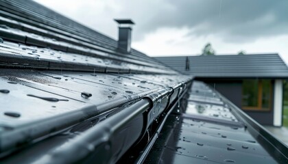 Black metal roof with water drops and chimney