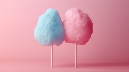 Blue and pink cotton candy on sticks against a pink background.