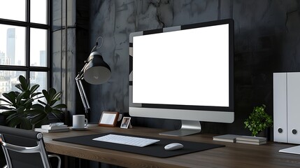 Fototapeta premium Workplace with blank screen monitor in modern interior home office concept