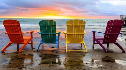   Four beach chairs sit on a sandy beach beside the ocean, basking in the glow of a stunning sunset
