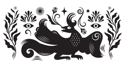 vector black and white illustration of Fiction birds, Folk Art, linocut style, animalistic ornament  