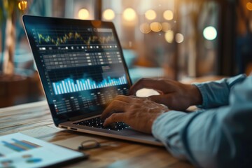 A financier developer analyzing financial data on a sleek laptop, with elegant office decor in the background, captured with ultra-detailed, sharp details and professional lighting