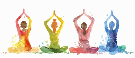 Four watercolor people in yoga poses