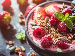 Fresh and healthy raspberry smoothie bowl with granola and mint leaves