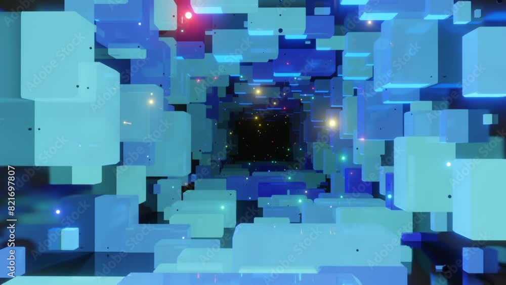 Poster 4k seamless looped animation. fly through tunnel with light cubes or boxes, glow blocks form sci fi 