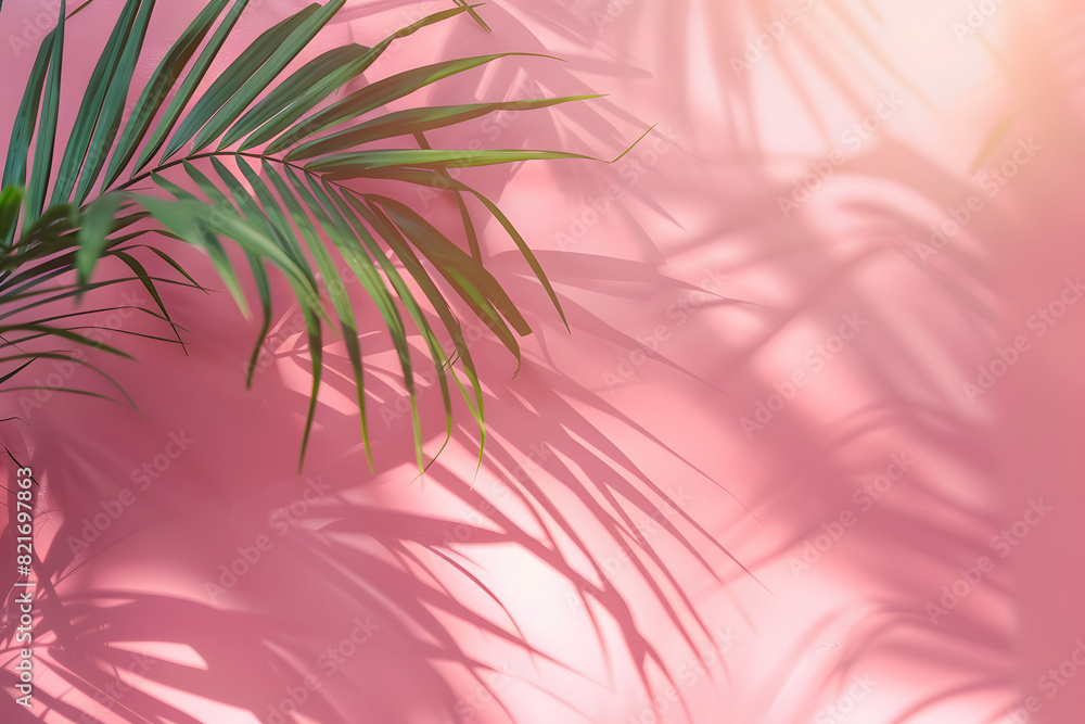 Poster blurred shadow from palm leaves on the pink wall minimal abstract background for product presentatio