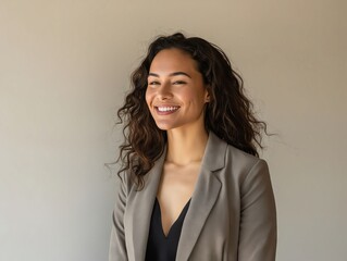 Obraz premium A smiling woman in a tan blazer.