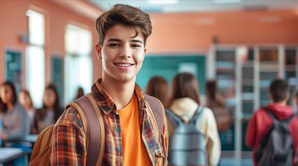 Obraz premium A young man in a school hallway smiling.