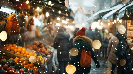 A bustling scene of a farmers market, with a defocused backdrop of twinkling particles