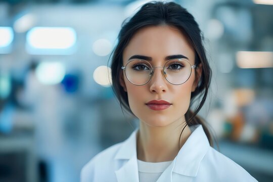 A woman in lab coat with glasses looking at the camera.