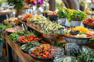 A vibrant and colorful buffet table filled with various salads, fresh vegetables, and fruits, creating an inviting and healthy dining experience.