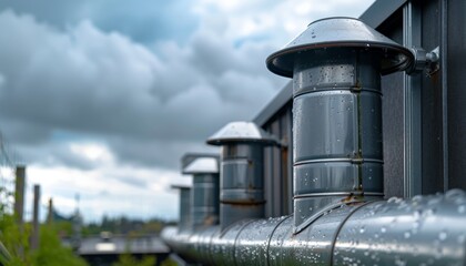 Obraz premium The photo shows a close-up of a ventilation pipe on a building with a cloudy sky in the background.