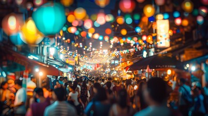 A bustling scene of a night market in Asia, with a defocused backdrop of vibrant particles -
