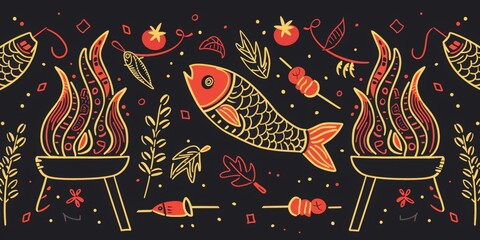 illustrated geometric pattern of a campfire with chilis and fish