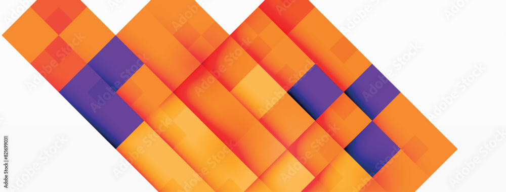 Poster the image features a cluster of orange and purple squares set against a white backdrop, incorporatin