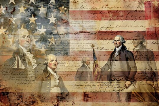 A collage featuring various portraits of George Washington against a background of the American flag and historical documents. 4th of July, american independence day, memorial day concept