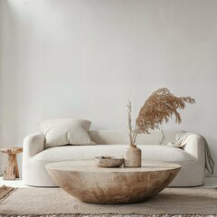 Minimalist living room with a white sofa and a round coffee table featuring dried pampas grass.